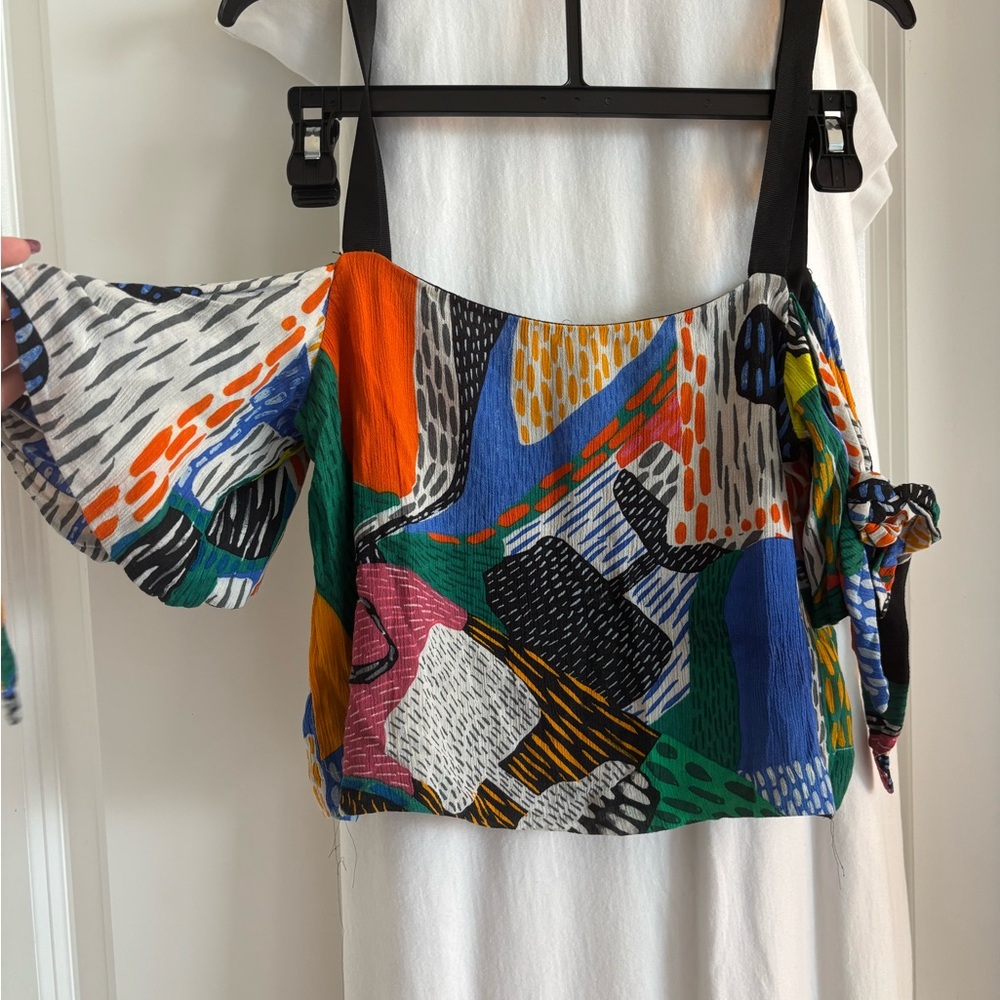Zara Orange and Blue Asymmetrical Tie Front Blouse